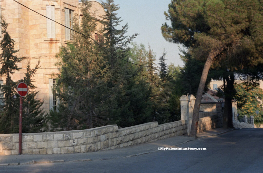 The 'katefóra': the Philalithes-Mavromichalis house, on the left, with Kassotis next to it, further down. Katamon - Aug 1986