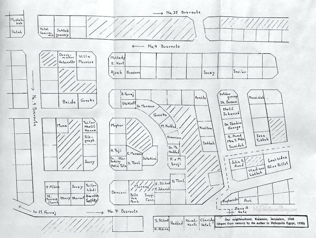 Map of Katamon hand-drawn by Hala Sakakini, (from her book 'Jerusalem and I')